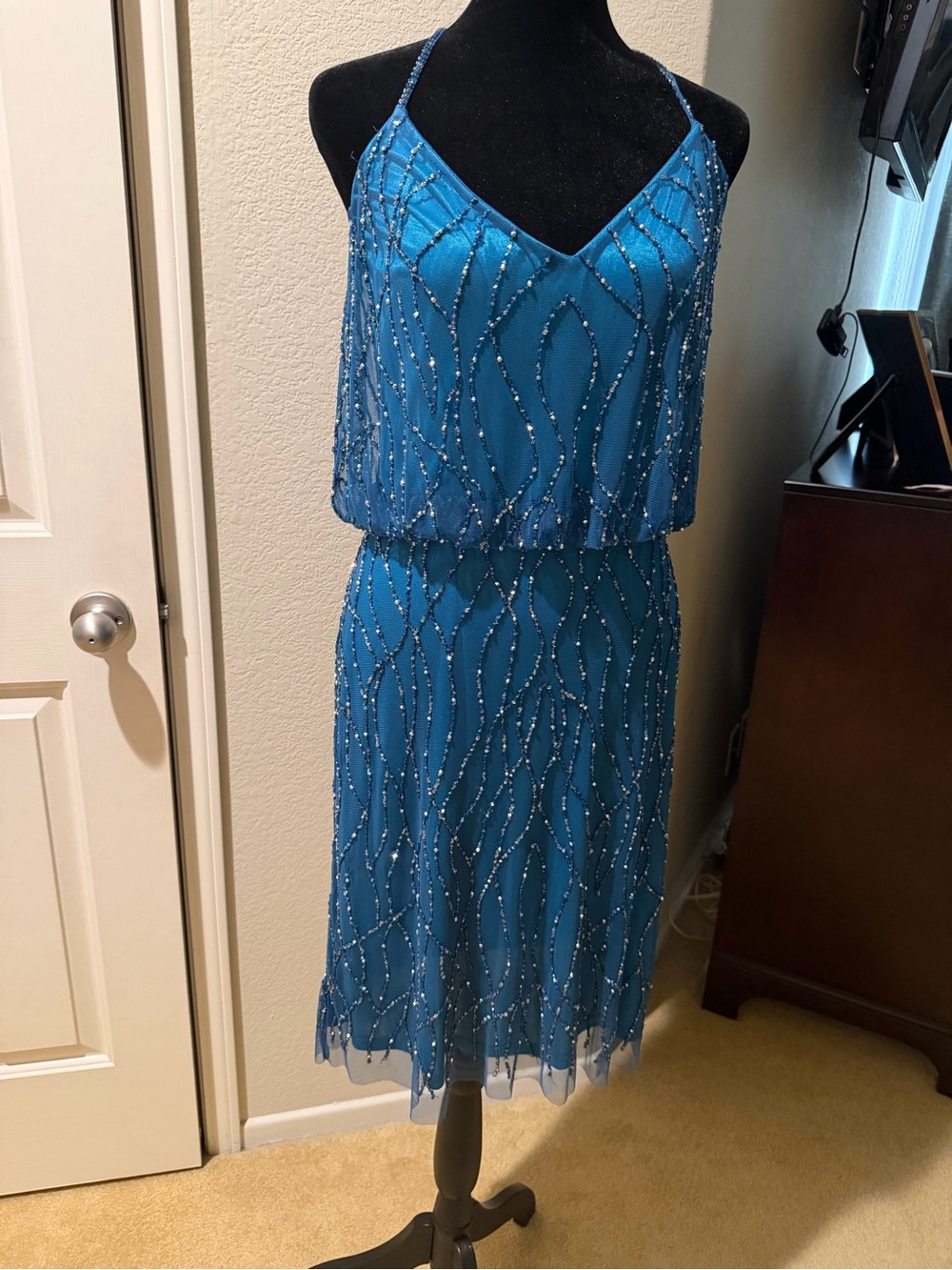 Bloomingdale's Teal Beaded Spaghetti-Strap knee length Dress